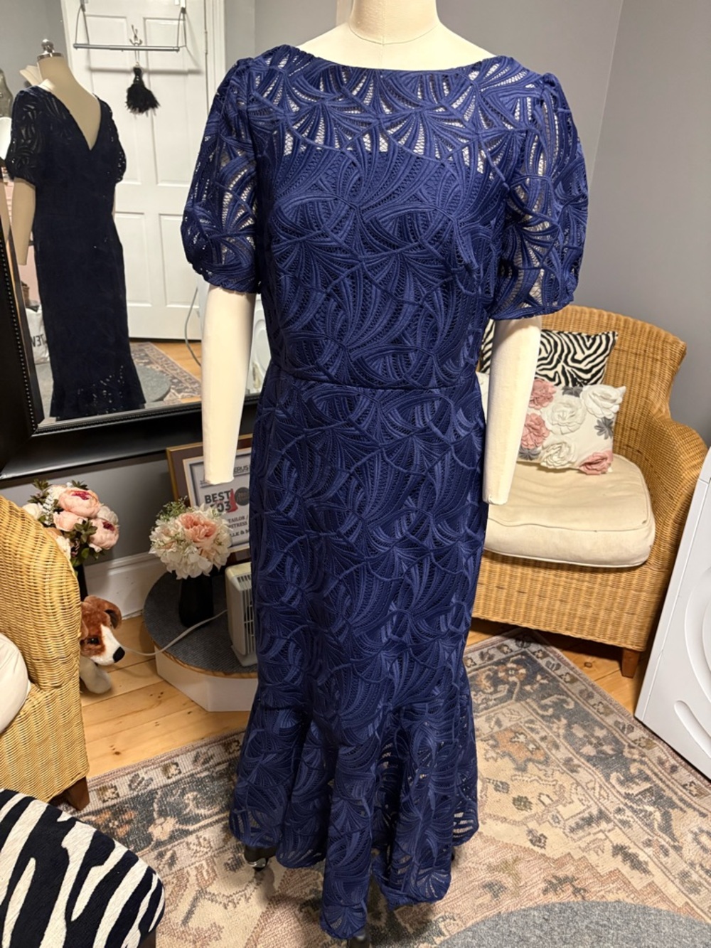 Kay Unger Navy Blue Lace Maxi Dress with Puff Sleeves